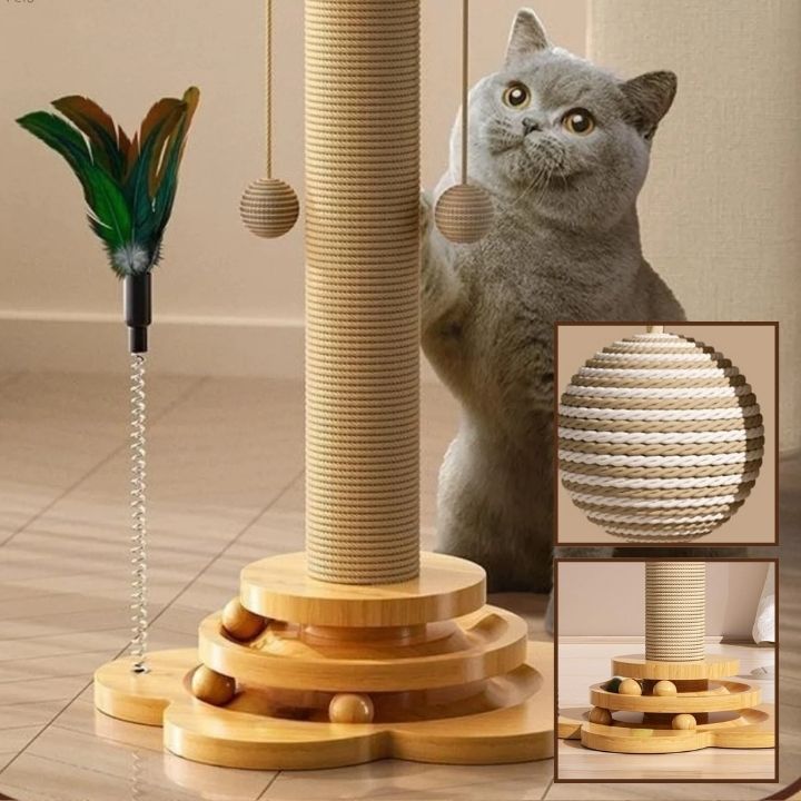 Jouet pour chat à gratter ScratchingPole™ dispose de 6 balles en bois et 2 boules suspendues en sisal